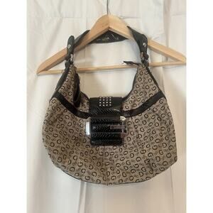 Vintage GUESS Monogrammed Tan Fabric Croc Embossed Faux Leather Hobo Bag Purse